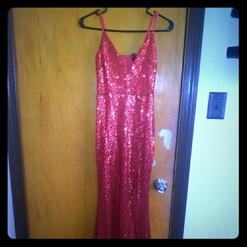 Long red sequined formal gown